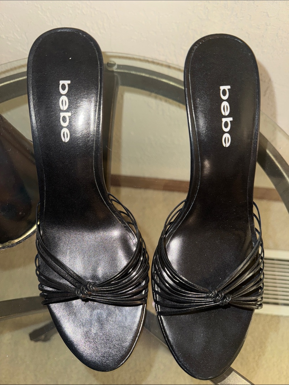 bebe Black Strappy High Heel Sandals, chrome silver heel size 8M. New in Box